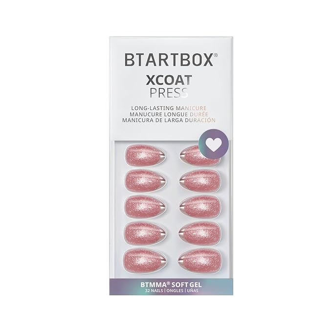 BTArtbox Press On Nails Almond - Gilded Cheer, Lamp-Curable Short Glitter French Tip Press On Nails with Glue and Adhesive Tabs for Women in 16 Sizes - 32 Soft Gel Glue On Nails Kit