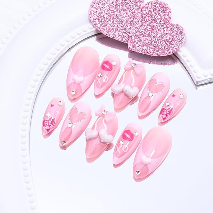 24Pcs Valentines Press on Nails Medium Almond Fake Nails with 3D Rhinestones Design Lip Heart Glue on Nails Cute Bow False Nails Glossy Full Cover Pink Acrylic Nails for Women Valentines Manicure
