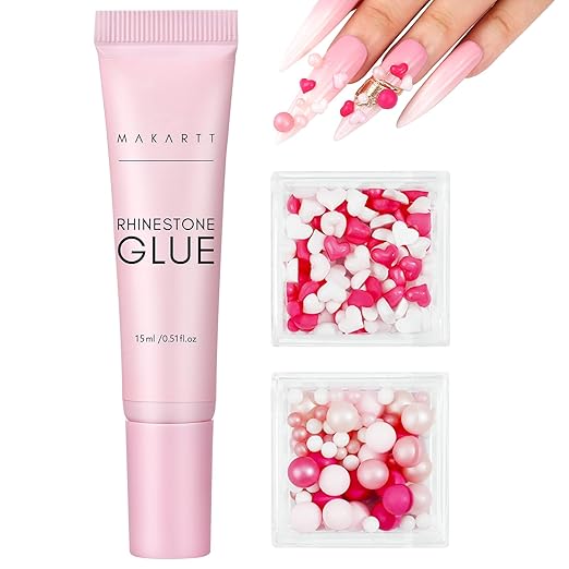 Makartt Nail Charms Rhinestone Glue Kit: 15ML Gel with 3D Heart Charm and Ball Decor for Nails Art Design DIY Acrylic Supply for Techs Decorations Gift Set