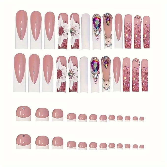 White French Tips Press on Toenails Colorful Gem Press on Nails Long Square False Nails with Flower Charm Design Pearl Fake Toenails Glossy Spring Summer Fake Nails for Women Girls Manicure 48Pcs