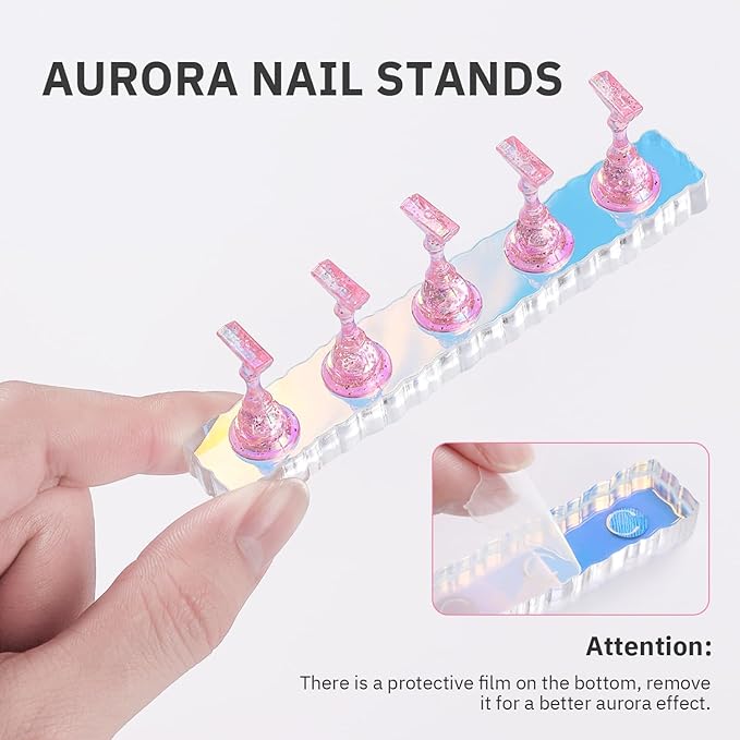 Etercycle 2 Set Nail Holder for Display Painting Nails - Aurora Acrylic Magnetic Practice Nail Stand Set - Fake Nail Holder for Press On Nails with Reusable Adhesive Putty (Aurora Pink)