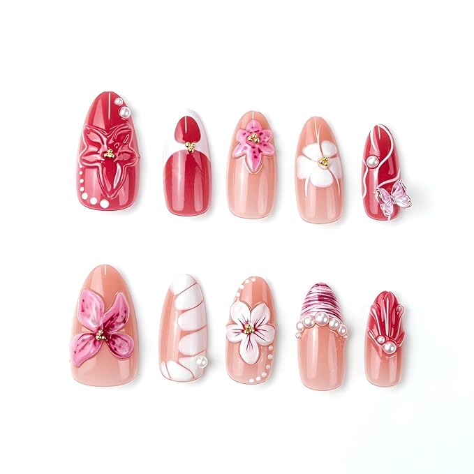 Flower Press on Nails Medium Almond Fake Nails Butterfly Flower Nails Press Ons with 3D Design Glossy False Nails Pearl Glue on Nail Summer Spring Stick on Nail for Women Decorations 30Pcs