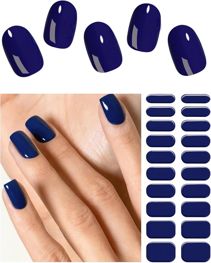 Semi Cured Gel Nail Strips, Dark Blue 20pcs Adhesive UV Sticker, Wraps for Home Manicure DIY