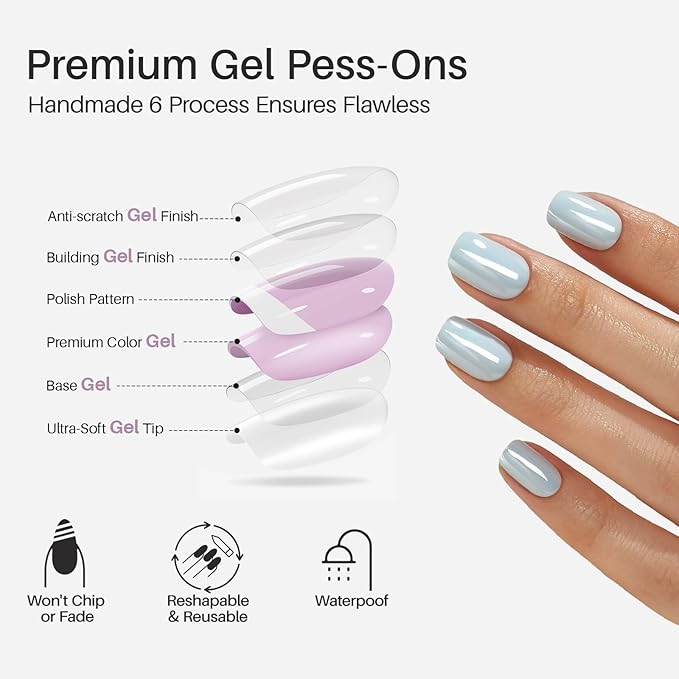 Chrome Press on Nails Square - SHANGMENG Soft Gel Blue Press on Nails Short for Women Gift, Glossy & Natural Stick on Nails with Glue in 16 Sizes - 32 Reusable Fake Nails, Aurora Light Blue