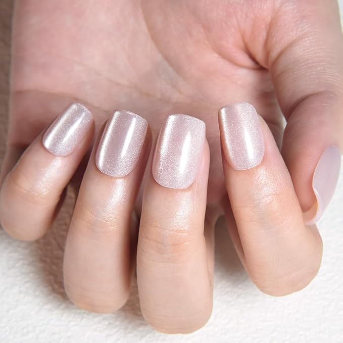 evpct Nude Cat Eye Short Press on Nails Square, Stick on Nails Short Square for Women Gift, Pearl White Metallic Glitter Glossy Reusable Spring Summer Soft Gel Press on Acrylic Fake Nail with Designs