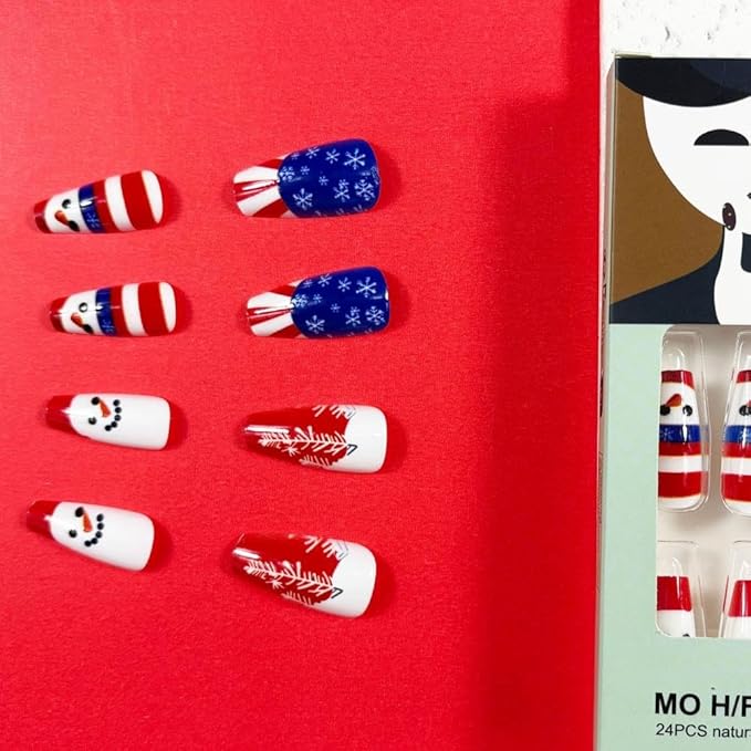 Independence Day Press on Nails Medium Coffin Fake Nails with Snowman Design Snowflake 4th of July Nails Red Blue Striped Glue on Nail Glossy Summer Christmas False Nail for Women Manicure 24Pcs