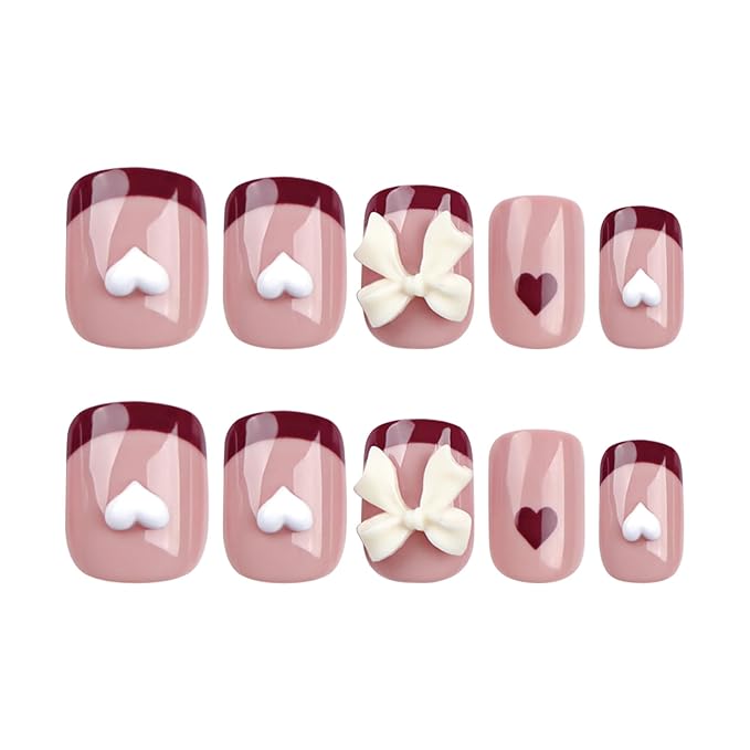 Red French Tip Press on Nails Short - Square Fake Nails with Bow Charms Design - Heart False Nails Press ons - for Women 24 Pcs