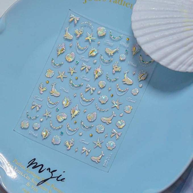 Laser Ocean Nail Stickers Bow Nail Designs 3D Self-Adhesive Dolphin Nails Supplies 5D Embossed Conch Nail Decals Aurora Summer Coral Starfish Nail Art Decoration for Women Girls DIY Manicure 1 Sheet