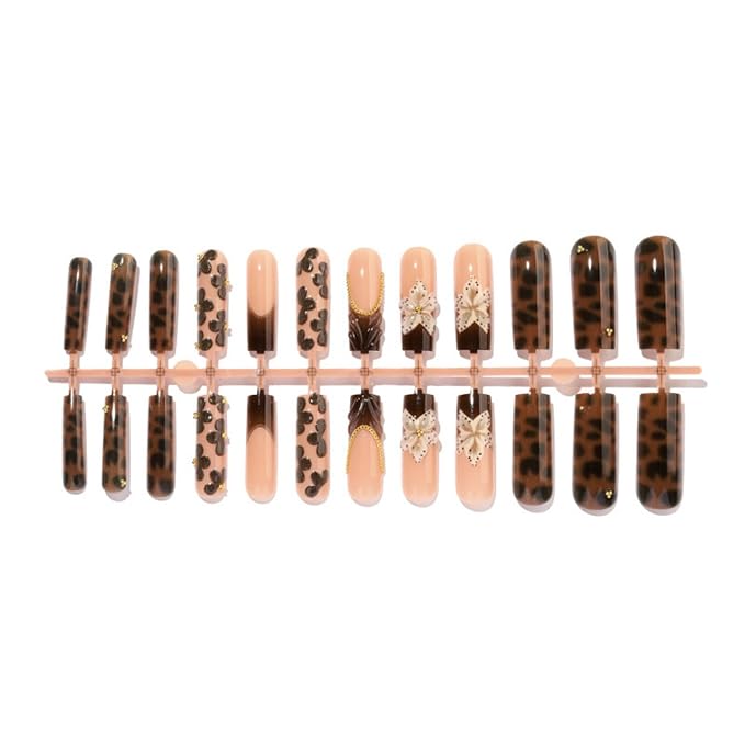 Long Square Press on Nails Fake Nails Artificial Nail Stick on Nail for Women, Brown Leopard Print Design with Delicate 3D Small Petal Flowers, Gold Bead and Crystal Rhinestone Embellishments 24pcs