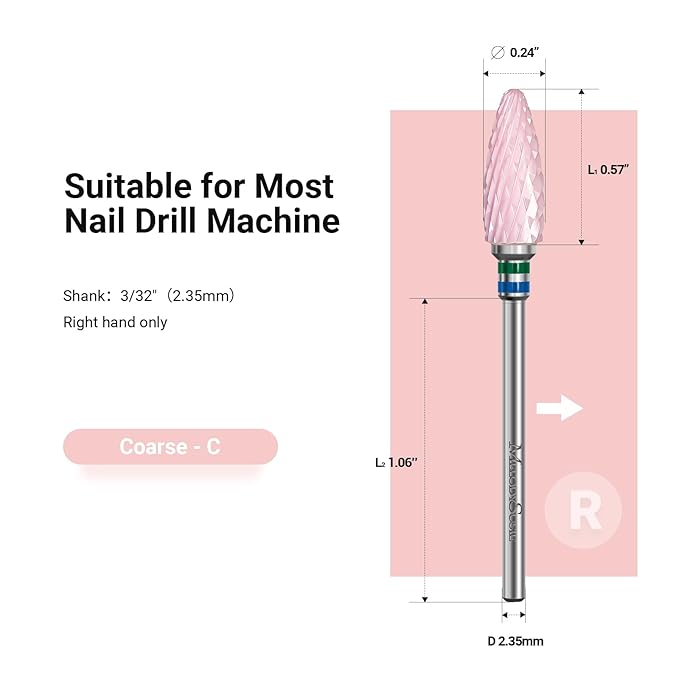 MelodySusie Ceramic Nail Drill Bit, 3/32'' (2.35mm) Professional Acrylic Nail File Flame Drill Bit for Manicure Pedicure Cuticle Gel Nail Polishing, Beginners Bits, Pink, Series Bit-S, Coarse