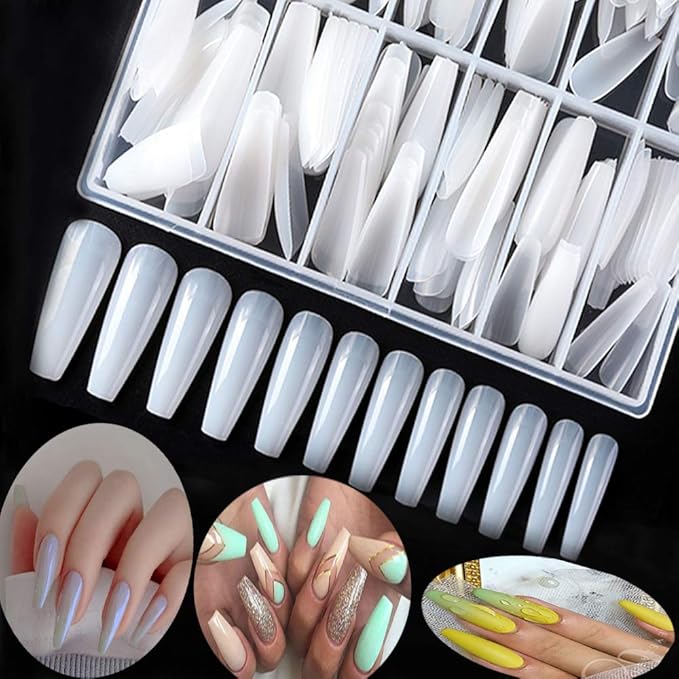 600pcs Long Coffin Fake Nails - Full Cover Natural Ballerina False Nail Acrylic Nail Tips with Case, Artificial Nails10 Sizes for Nail Salons and DIY Manicure