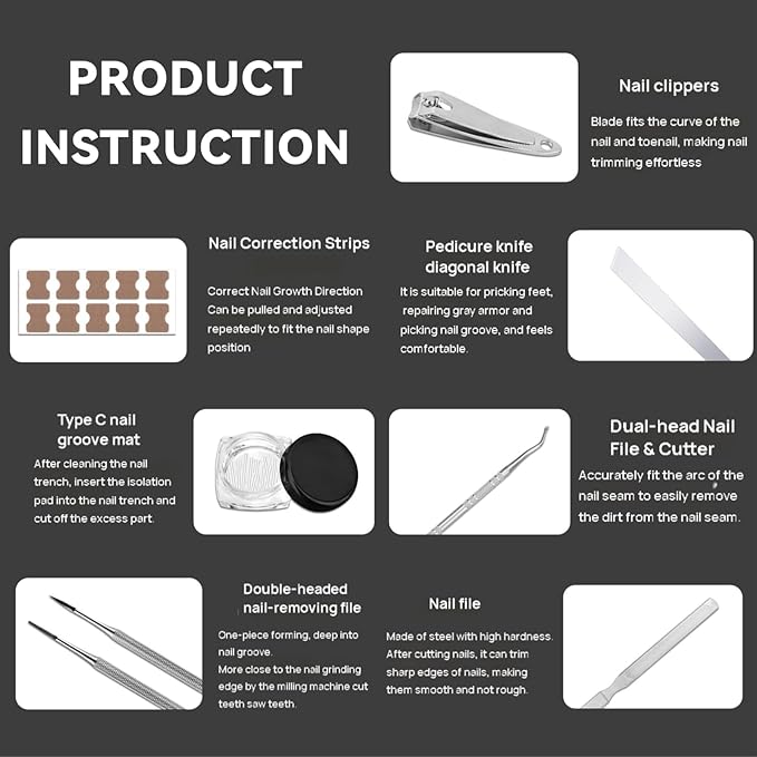 Ingrown Toenail Corrector Kit, 16PC Professional Ingrown Toenail Removal Kit with Correction Strips, Painless Treatment for Ingrown Toenail Pain Relief for Home Pedicure Care