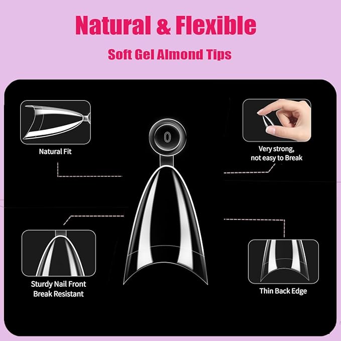 Almond Nail Tips,300PCS Almond Press On Nails Short Fake Nails Tips,Soft Gel Nail Tips Shape Acrylic Nails For Valentines Day Gifts -12 Sizes Acrylic Press On Nail Valentines Gifts for Her