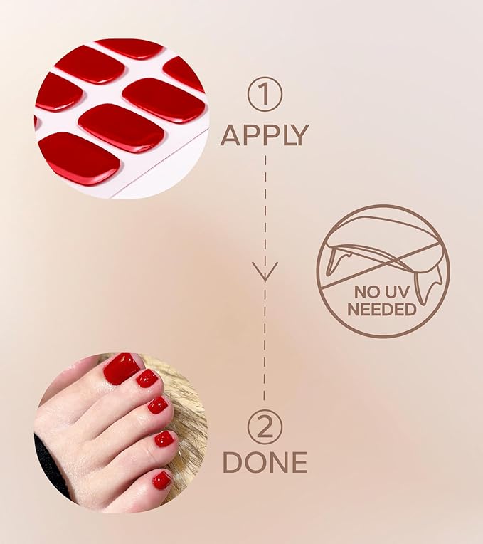 Toe Gel Nail Stickers - 34PCS Salon Quality Wraps no UV Light Needed - Long Lasting Toe Nail Polish Strips for Women (Rose Red)