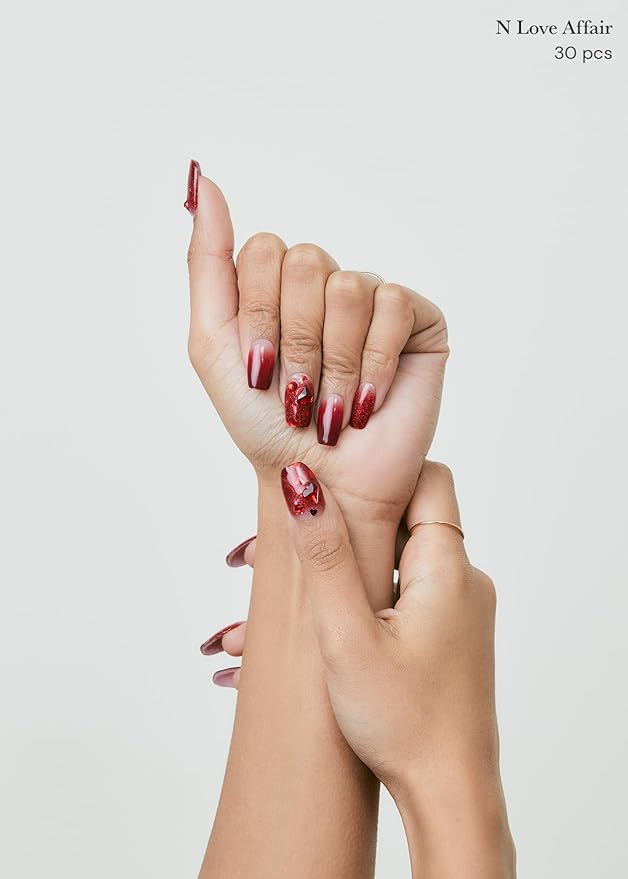 ohora Semi Cured Gel Nail Strips (N Love Affair) - Red, Ombre, Works with Any UV/LED Lamps, Salon-Quality, Long Lasting, Easy to Apply & Remove - Includes 2 Prep Pads, Nail File & Wooden Stick