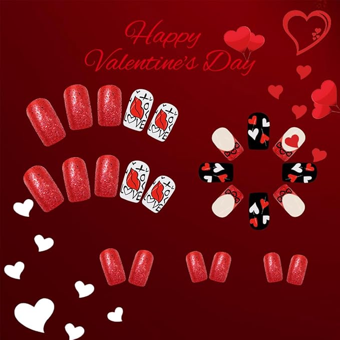 Valentine's Day Press on Nails Short Square Red Lips Red Heart Design Fake Nails Valentines Day Acrylic Nails Glossy Red French Tips Glue on Nails Artificial Full Cover Stick on Nails for Women 24Pcs