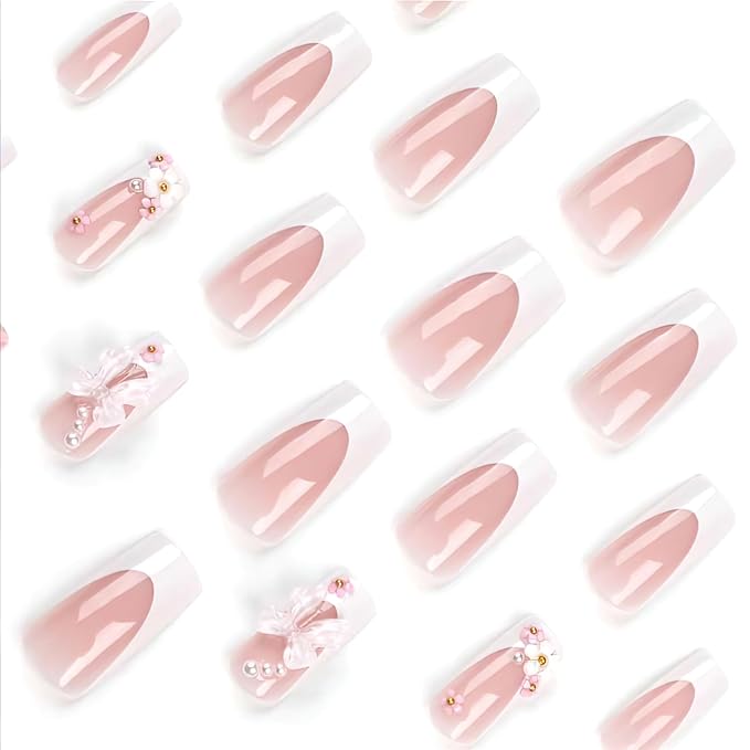 Press-on Nails,Long Rhinestone Pink False Nails, Square Glitter 3D Flower Fake Nails, Bowknot Artificial Nails The Noble Temperament of Women Girls' Fake Nails - 24 pieces (with Free Tool Kit)