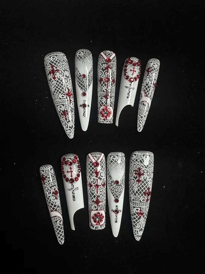Jewelry Nail Fake Nails with Alien Themed Art Gothic Fusion Handmade for Adults Size M