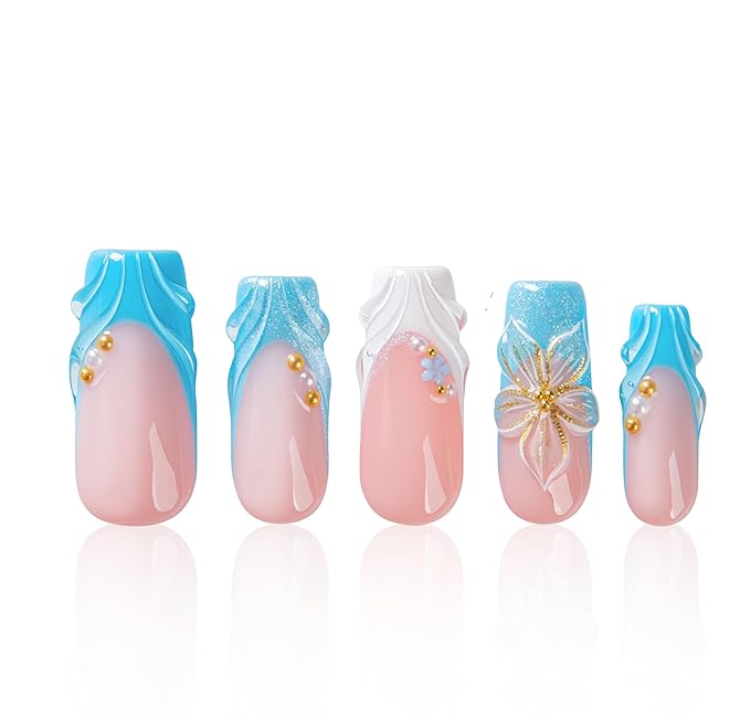 LOVFUL Short French Tip Press on Nails Glacial Blue | Handmade Acrylic Press ons| Reusable Fake False Nails | Square Classic Regular 1.3in | H714-M