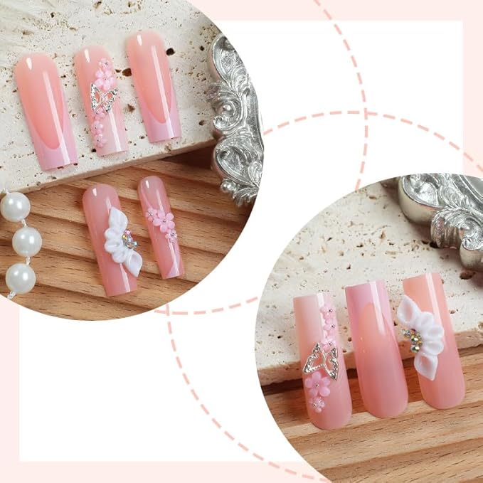 Long Press On Nails Square French Tip False Nails Pink Artificial Nails with Flowers Designs, 24pcs