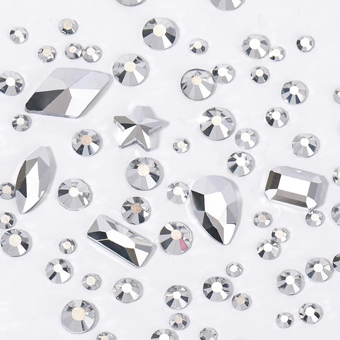 Nail Rhinestones Kit 9080PCS Flatback Rhinestones for Nail Crystals Decoration Nail Hearts Multi Shapes Mix Size and Metal Beads Pearl Gold Silver with Glue Gel and Pen Brush Tweezers(Mine Silver)