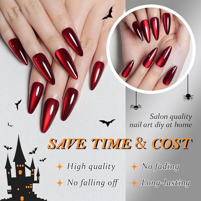 evpct Dark Red Cat Eye Press on Nails Almond Long, Soft Stick on Nail Long Almond for Women Gift, Bloond Red Metallic Glitter Soft Gel Reusable Press on Acrylic Fake Nail with Designs
