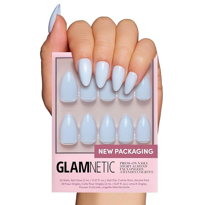 Glamnetic Press On Nails - Blueberry Milk Fake Nails | Solid Opaque Light Blue Short Almond Nails, Salon Quality | 15 Sizes - 30 Nail Kit with Glue