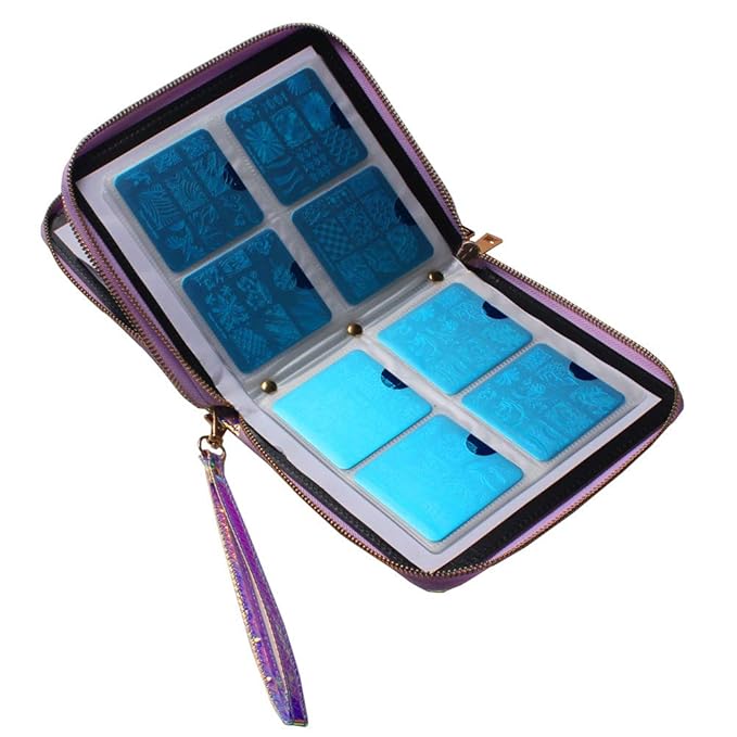 120 Slots Nail Stamping Plate Holder Case Laser Style Rectangular Manicure Nail Art Plate Organizer with Double Zipper Nail Template Case (C)