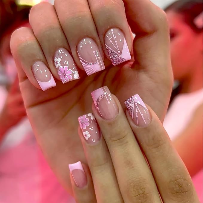 24Pcs Pink French Tip Press on Nails Short Square Fake Nails Spring Cherry Blossoms with Line Design Nude Pink False Nails Stick on Nails Full Cover Artificial Glue on Nails for Women DIY Manicure