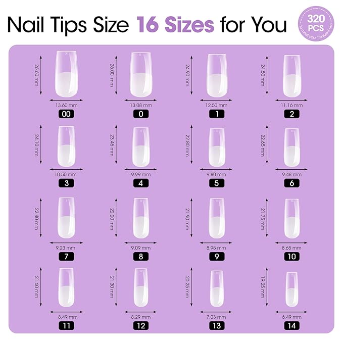 Gellen Tipex Nail Tips, 320pcs 16size Pre-builder & Pre-Etched Medium Square X Thicker Acrylic Gel Extensions Nail Tips, Builder Gel Press-on Nails for Flat Nails