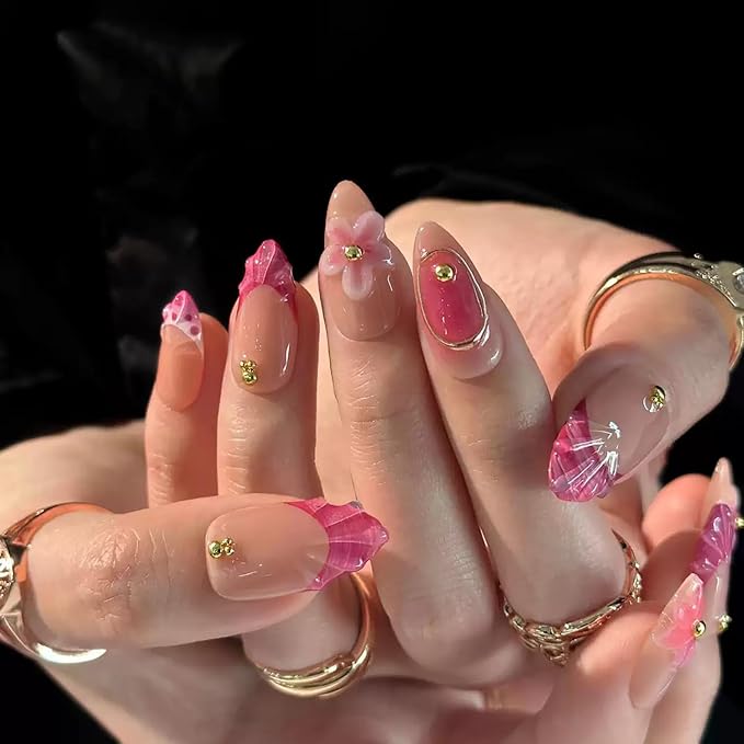 Luxury Press on Nails Medium Almond Handmade 3D Unique Reusable ABS Material Fake Nails Pink French Tip False Nails with Designs Pink Floral Polka Dots Glossy Glue on Nail Thick Acrylic Nail(S)