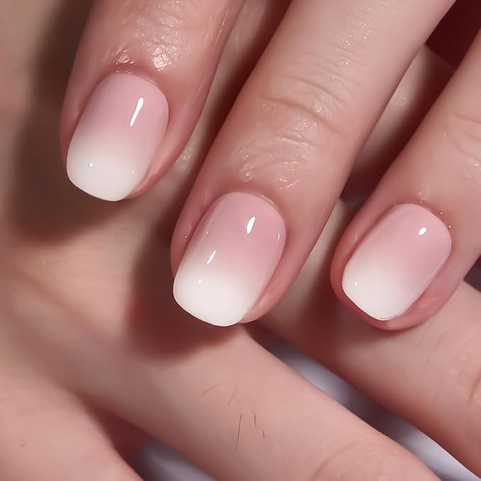Curvlife Nude Ombre Press On Nails Short – 30PCS Short Square Soft Gel Fake Nails, Natural Gradient Glue On Nails Kit for Women, Easy At-Home Salon Manicure (Nude White)