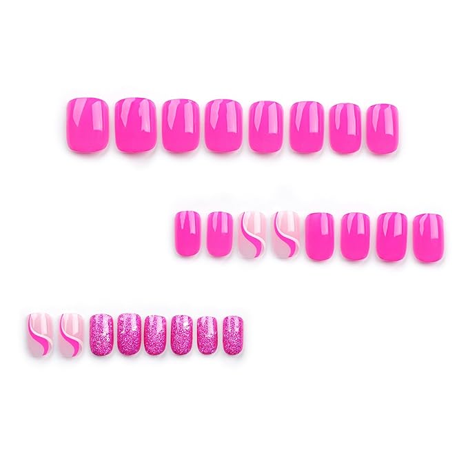 Pink Press on Nails Short Square Fake Nails Glossy False Nails Press ons with Swirl Line Design Reusable Artificial Nail Full Cover Glue on Nail Stick on Nails for Women Manicure 24Pcs