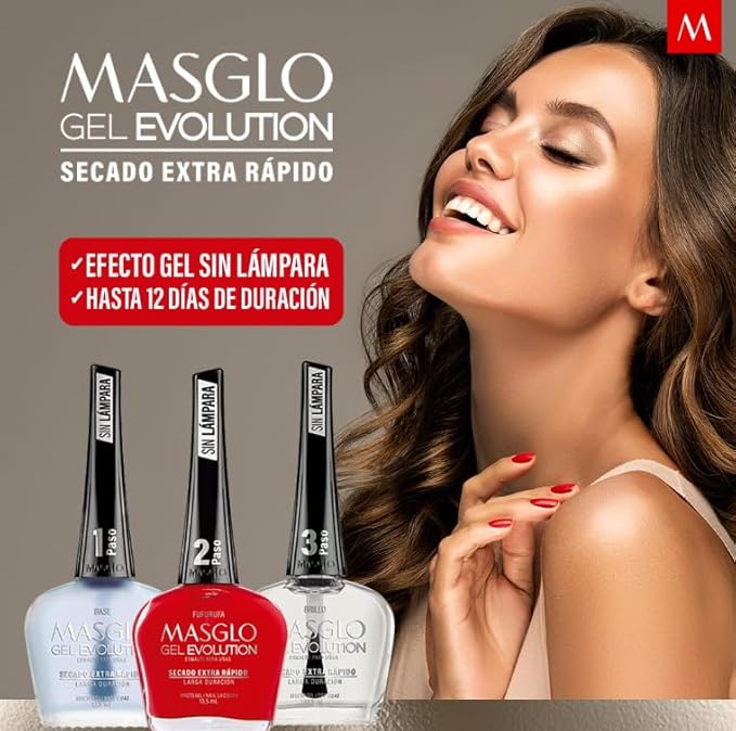 MASGLO GEL EVOLUTION Nail Polish Gel Effect, No UV/Led Lamp Required, Duration up to 12 day, 1 peice color Gel sin necesidad de lampara UV/Led, hasta 12 dias de duracion (PRIMERA DAMA)
