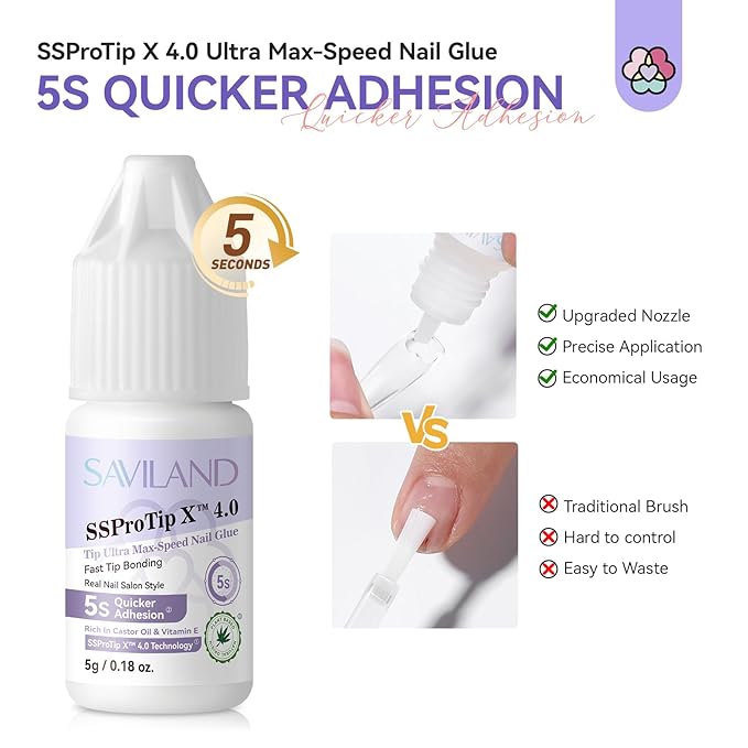 SAVILAND Nail Glue for Acrylic Nails Press On: 5S Fast-Drying Nail Glue Strong 0.18 Oz. Nail Tip Glue Extra Strength Nail Glue Castor Oil Vitamin E Hypoallergenic Nail Glue for Nail Tips No Cure Salon