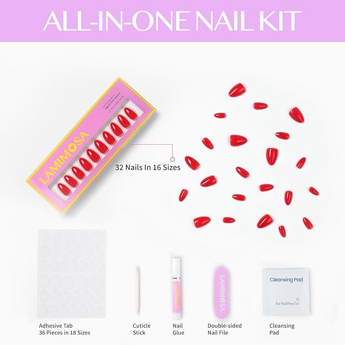 LAMIMOSA 32Pcs Bright Red Press On Nails Short Almond – Solid Color Fake Nails in 16 Sizes, Soft Gel Glue on Nails Kit, RED CHILLI
