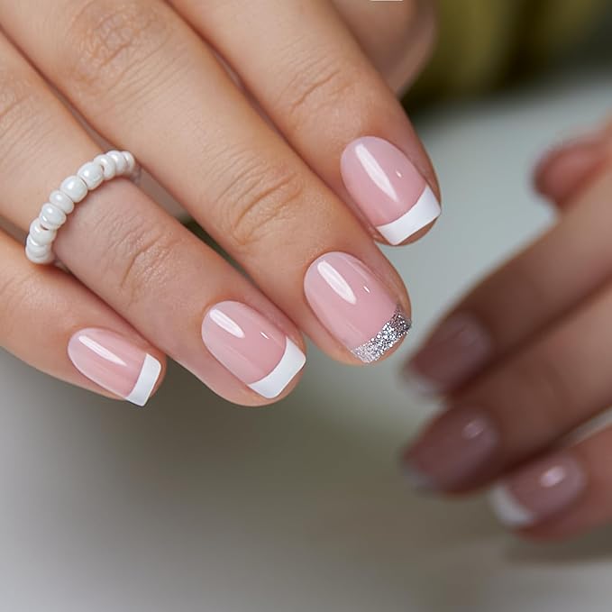 Curvlife Press On Nails Short Square Pink - Glitter Fade French Tip Press on Nails with Glue, Silver Glitter Gradient Glossy Nude Pink Fake Nails Long Lasting False Nail Tips for Women