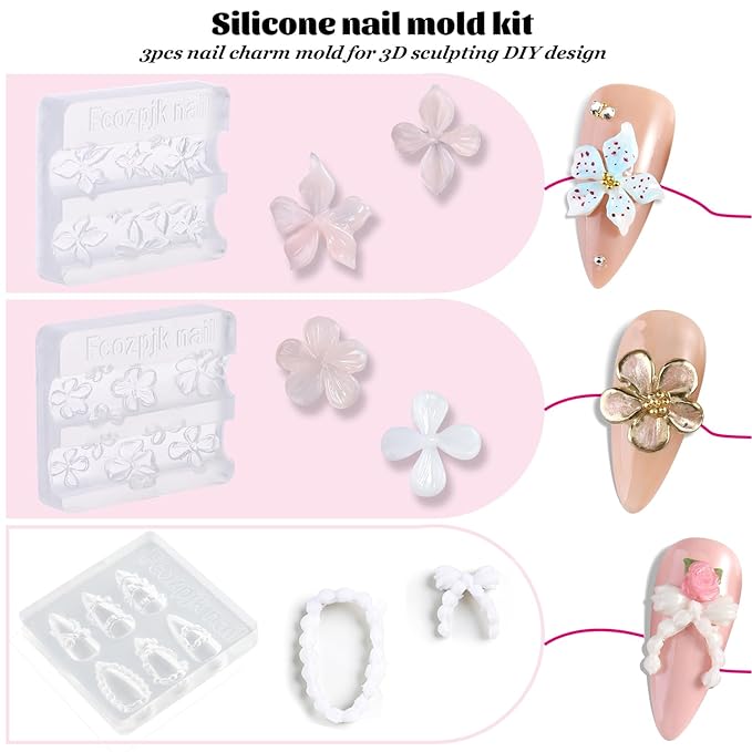 3D Gel Nail Art for Nails Starter Kit: 15ML Clear and White 3D Sculpting Gel with 3PCS Silicone Flowers Nail Charm Molds Gold Silver Chrome Powder Ombre Sponges Salon Supplies DIY Manicure