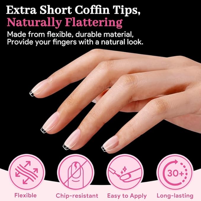 Extra Short Coffin Fake Nail Tips, 15 Sizes 240 PCS Clear Half Matte Press On False Nail Pre-shaped Half Soft Cover Gel Nail Tips Extensions Thick Long Lasting for DIY Beginners & Salon Manicure