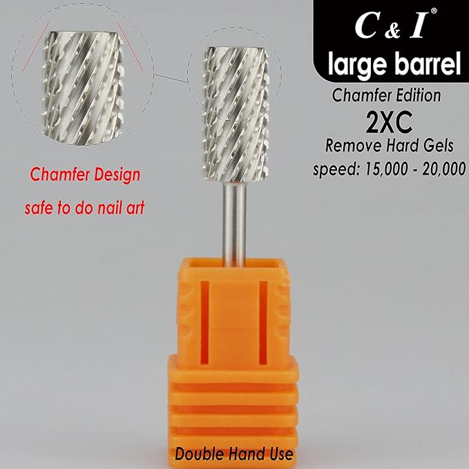 C & I Large Barrel Nail Drill Bit, Chamfer Edition, Professional E-File for Nail File Machine, Designed to Remove Nail Gels, Acrylics, and other nail color covers 3/32” (Double Coarse - 2XC)