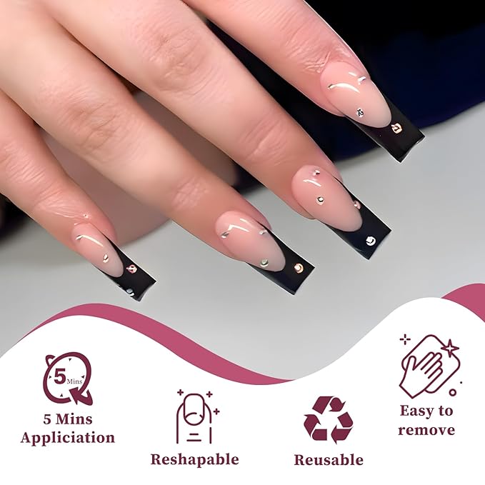 120PC Black French Tip Press on Nails Medium Fake Nails Press ons with 5*Adhesive Tabs, Pink Square Acrylic Nail Press on Nail French Tip Nails False Artificial Fingernails Stick on Nails-N