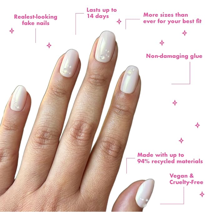 Olive & June Maximalist Instant Mani Press-On Nails (Glue) | 42 Fake Nails, 21 Sizes | Non-Toxic, Long-Lasting Big, Bold Gorgeous Realistic Look | Short, Round | Pink Bubble Pearlescent