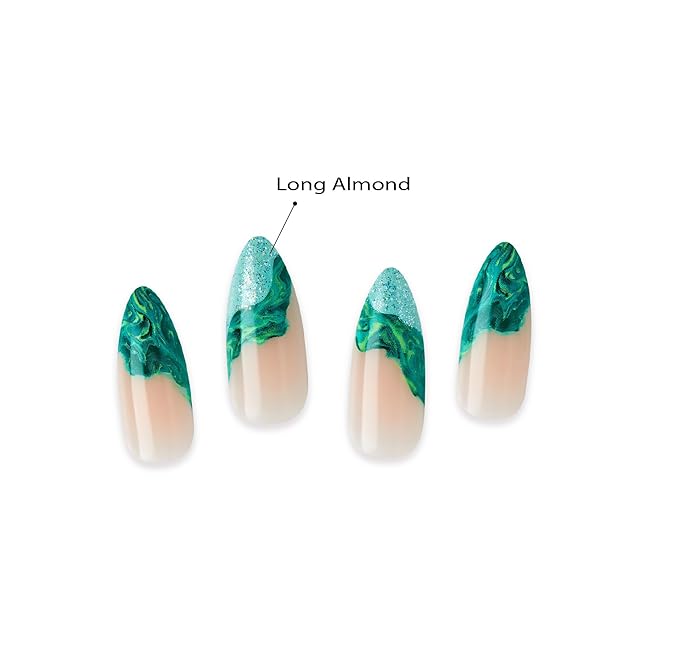 Goldfinger Trendy False Nails Kit, Long Almond Design Nail, Nature Inspired Refreshing Elegant Marble Green Print, Ready to Wear Gel & Manicure Stick Included, Long-Lasting Convenient & Easy to Apply