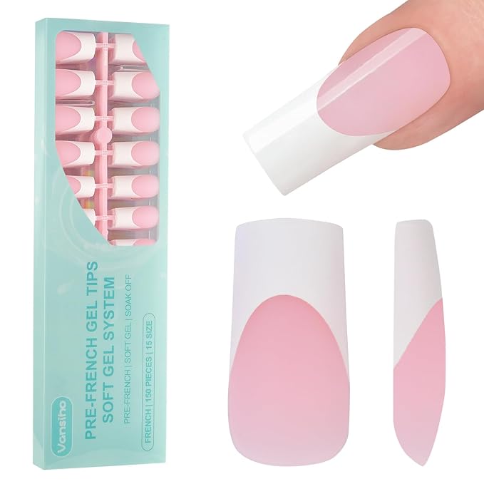 Vansiho French Tip Press on Nails, 150Pcs Long Square Pink Gel Nail Tips, Square 3 in 1 Pre-French Gel Tips, Fake Nails for Nail Art DIY 15 Sizes