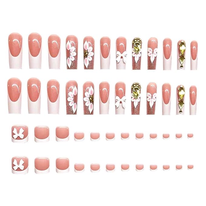 48Pcs Square Press on Nails Medium & Press on Toenails Set, French Tip Fake Nails with White Bow Flowers Designs Short Press on Toe Nails Full Cover Glue on Nails for Women Manicure Kit