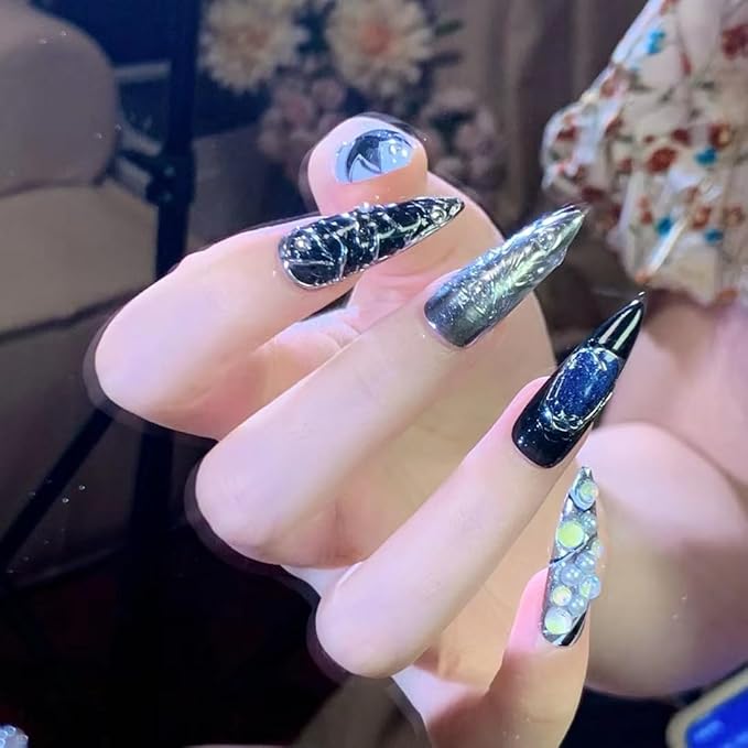 3D Almond Press on Nails, Long almonds Fake Nails Starry Sky False Nails Middle black Press on Nails for Women Girls Nail Art Decoration,Future Armor - Middle