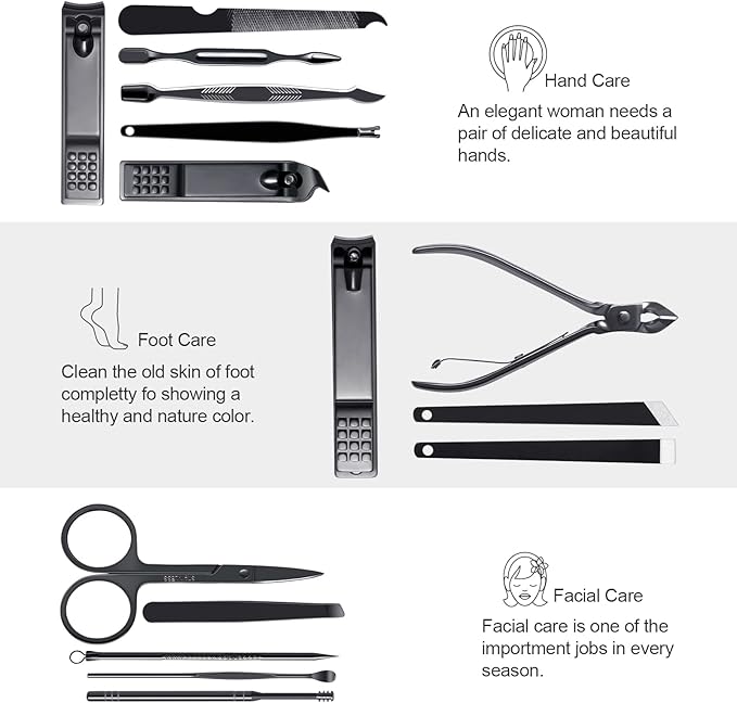 FIXBODY Nail Clippers for Men, Nail Grooming Kit, Manicure Kit Gift for Men, Nail Clippers Set for Women, Fingernail Clippers and Toenail Clippers,Stocking Stuffers for Teen boy (Black&Silver)