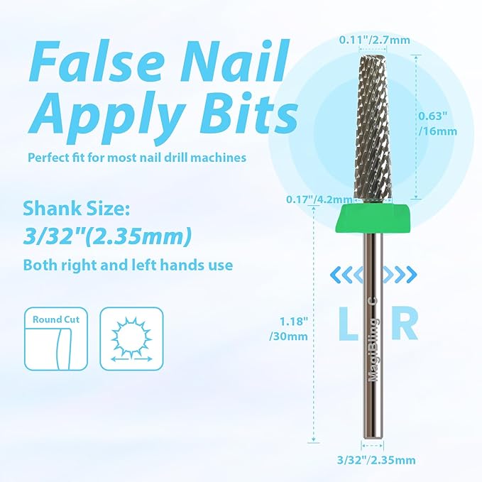 16mm Long Tapered Barrel Nail Drill Bit, 3/32” Safety Tungsten Carbide E-File Bit for False Nail Application, Press-On Tip Apply Nail Extension, Gel & Acrylic Removal, Two-Way Rotation, Coarse