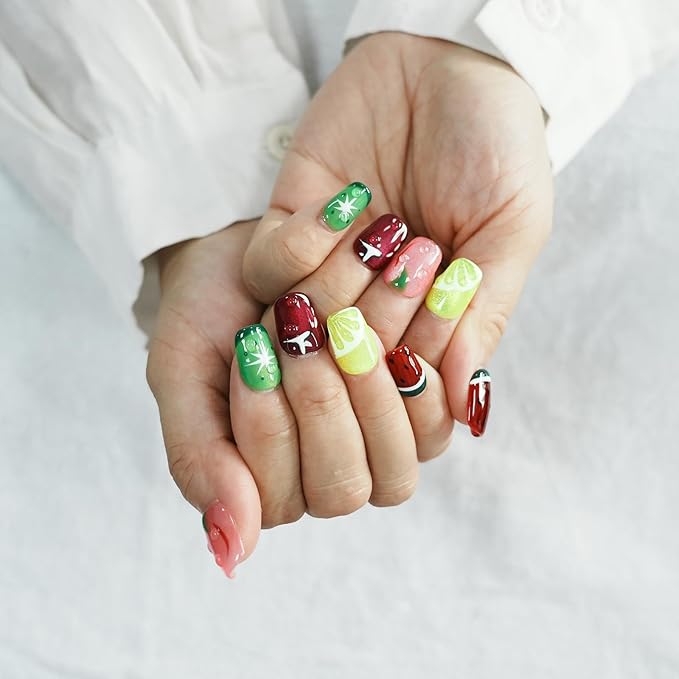 Glitter Press on Nails Short Coffin Summer Fruit Nails Cateyes with 3D Water Drop, Hand-painted Watermelon & Lemon Art, Reusable Acrylic Full Cover Fake Nails, 10pcs (Fruit Party,L)