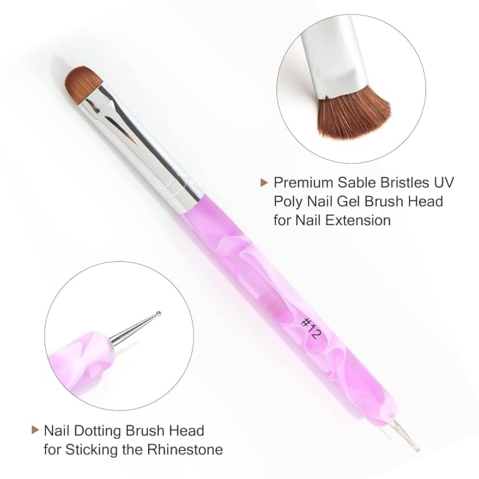 French Manicure Brush - Two Way Nail Art Brush with Dotting Tool for Cuticle Clean Up & Nail Art Design - Professional Salon Quality, Pink (12#)